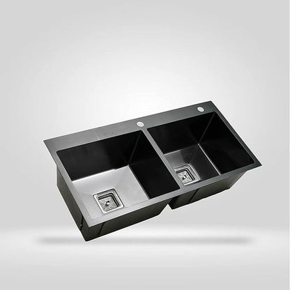 SIROTIA 45" X 20" X 10" Black Handmade Double Bowl With Tap Hole Kitchen Sink With Matte Finish. 304 Grade SS