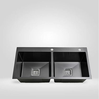 SIROTIA 32" X 18" X 10" Black Handmade Double Bowl With Tap Hole Kitchen Sink Matte Finish. 304 Grade SS